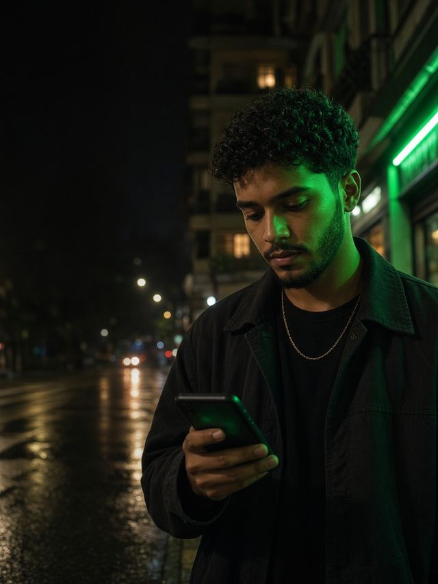 Jovem adulto brasileiro olha o celular à noite em uma rua urbana com luzes neon